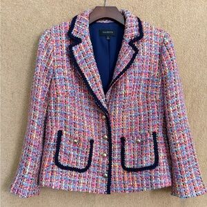 Talbots Pink Multi Tweed Pearl-Button Blazer with Navy Trim
